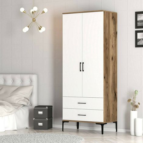 Dmora - Armario 2 puertas Naos, Muebles de dormitorio, Vestidor, Armario de ropa, 80x201h48 cm, Nogal y Blanco, con embalaje reforzado (1/5)