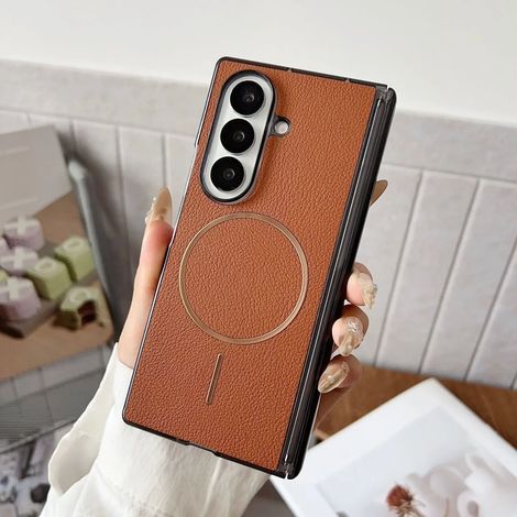 (Marron, Galaxy Z Flip 7 FE) Étui à rabat minimaliste en cuir uni, compatible avec la recharge sans fil magnétique, résistant aux chocs.