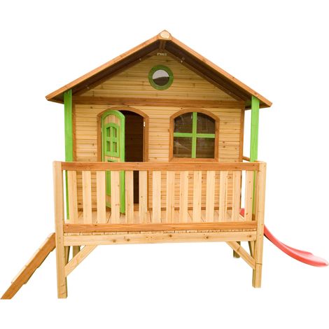 Cabane de jardin pour enfant avec toboggan 118 cm – Maisonnette en bois FSC marron/vert – Hauteur de plateforme 58 cm – AXI