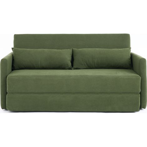 Canapé-lit 2 places compact en velours côtelé vert, convertible pour petit salon, avec 2 coussins lombaires, poches latérales et structure métal  CHICFURN (1/5)