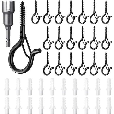 20 Pcs Outdoor Screw Hooks Wall Mounted Rustproof Screw Hook with Safety Buckle for String Lights and Plants Ceiling Hook Heavy Duty Diamond Design for Wood and Concrete Black (1/5)