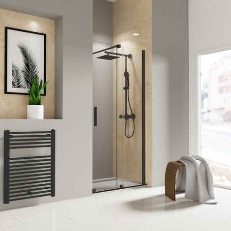 Porte de douche coulissante 140 x 200 cm, verre 8 mm transparent anticalcaire, profilé noir version droite, roulettes en bas, Toura, Schulte