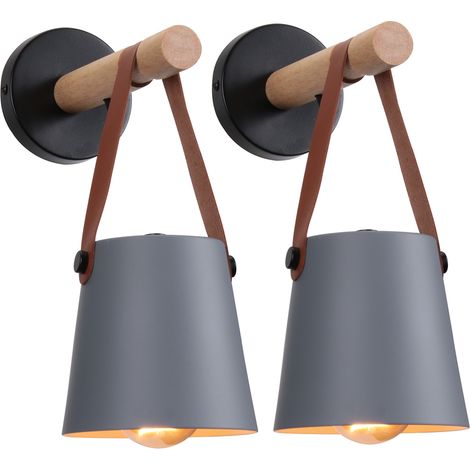 Lot de 2 Applique murale en bois naturel abat-jour suspendu ceinture e27 douille luminaire pour couloir chambre à coucher salon, gris (sans ampoule) (1/5)