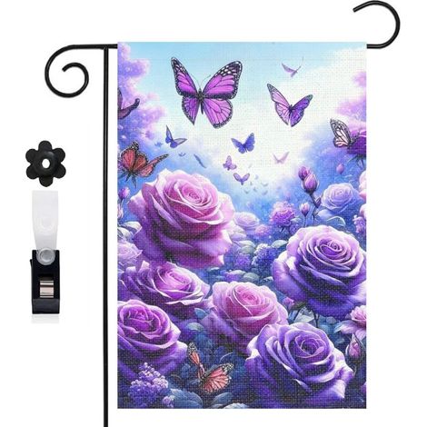 Bannière de cour Welcome et champ de roses violettes 30 x 45 cm décoration porche et maison (1/5)