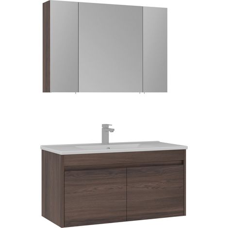 Ensemble Meuble Vasque avec Miroir (2 Pièces) "Side 100 v3" - 100 x 45 x 52 cm - Walnut (1/3)
