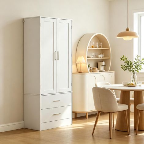 Buffet de cuisine haut avec 2 portes, 8 compartiments à épices, 2 tiroirs et étagères réglables, meuble de rangement pratique pour la cuisine domestique (1/5)