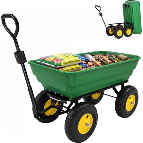 Chariot de Jardin à Main Benne basculante 75° 125L Charge Max. 200 Kg 4 Roues pneumatiques Acier PP Jaune Vert, extérieur, balcon, terrasse, jardin (1/5)