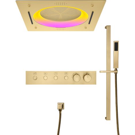 Columna ducha,Oro cepillado Conjunto de ducha termostática,Ducha fija de 550 × 550 mm,3 modos de ducha,Avec lumière LED et música，Columna de ducha,con teleducha y flexo de 1.5 m,Varilla de elevación