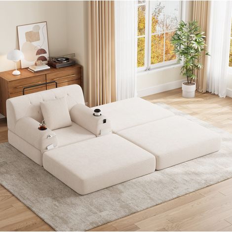 Sofá cama (107x162x81 cm), con respaldo alto, 4 bolsillos laterales, 2 portavasos, tejido de pana beige (1/5)