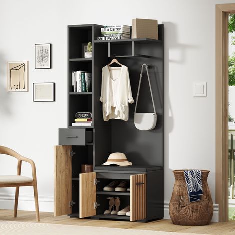 Meuble d'Entrée 80x175cm - 7-en-1 avec Banc Rembourré - 2 Placards à Étagères Réglables - 1 Tiroir et 5 Niches - 2 Crochets - Capacité 80kg - Noir et Bois Naturel (1/5)