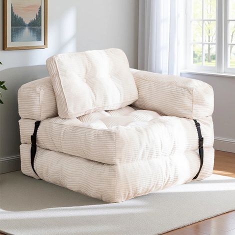 Canape-lit 3 en 1 convertible 1 place - fauteuil convertible en forme de L avec accoudoirs et coussin – canapé compressé compact pour salon ou chambre – 170 x 85 x 22 cm – velours - beige