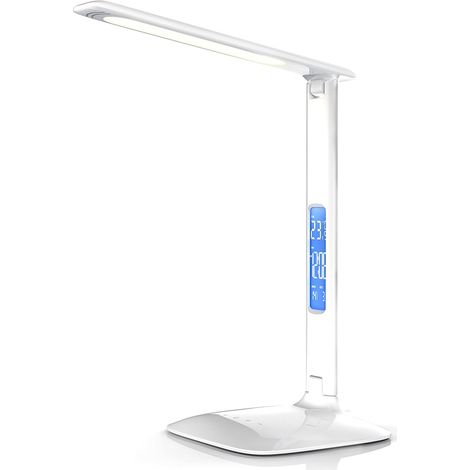Lampe de bureau LED, intensité variable, 3 couleurs de lumière, 5 niveaux de luminosité, port USB pour recharger les smartphones, lumière douce pour les yeux (blanche) (1/5)