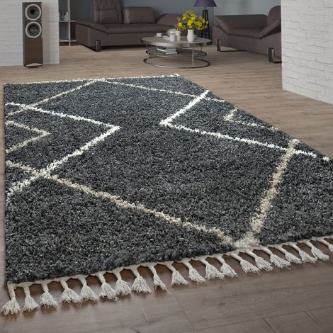 Paco Home Shaggy Teppich Hochflor Wohnzimmer Weich Skandi Rauten in vers. Farben u. Größen 120x170 cm, Anthrazit