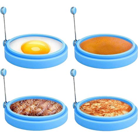 Juego de 4 moldes para huevos, de silicona apta para uso alimentario, con mangos de acero inoxidable antiadherentes, para cocinar huevos y tortitas. (1/5)