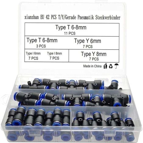 42 pezzi di raccordi pneumatici T/Y/I a connessione rapida, tipo diritto, per aria compressa, diametro 6 mm/8 mm, con scatola. (1/4)