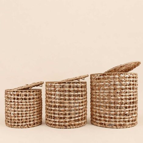 Set de 3 paniers à couvercle en jacinthe d'eau tressée (1/5)