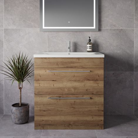 Napoli 460 Tobacco Oak 800mm 2 Drawer Vanity Unit with Glide Basin - 800mm - Chrome 480mm Handle