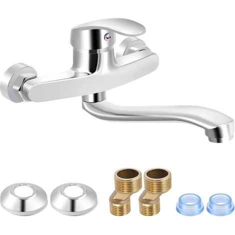 Robinet de cuisine mural avec poignée pivotante à 360° en acier inoxydable pour une utilisation à une main de l'eau chaude et de l'eau froide. Compatible avec les interfaces G1/G2/G3/G4, il est réglab (1/5)