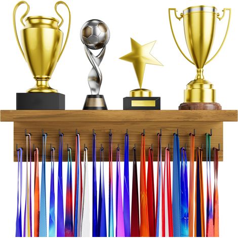 Porte-médailles, étagère pour trophées, étagère en bois robuste avec 25 crochets en acier, support mural pour médailles de course et trophées (1 Pièce, Marron) (1/5)