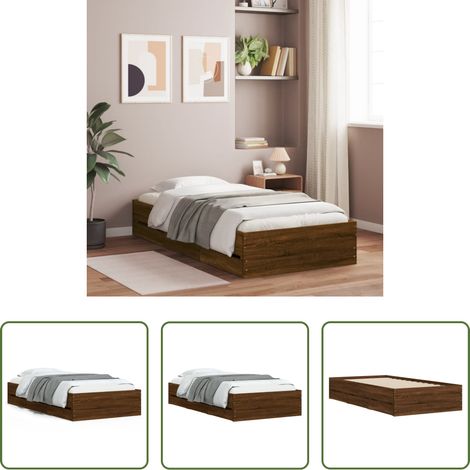 vidaXL Bois d'ingénierie - Cadre de lit avec tiroirs sans matelas chêne marron 90x190 cm (1/5)