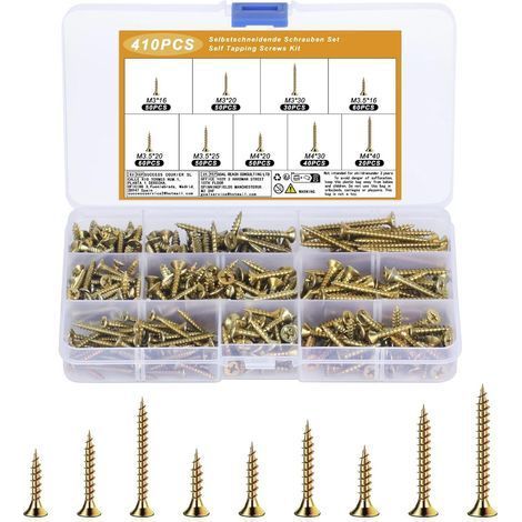 410 pièces Ensemble de vis universelles autotaraudeuses en bois, M3 M3,5 M4, Vis à tête plate, Assortiment de vis à tôle, Set de vis à tête fraisée (1/5)