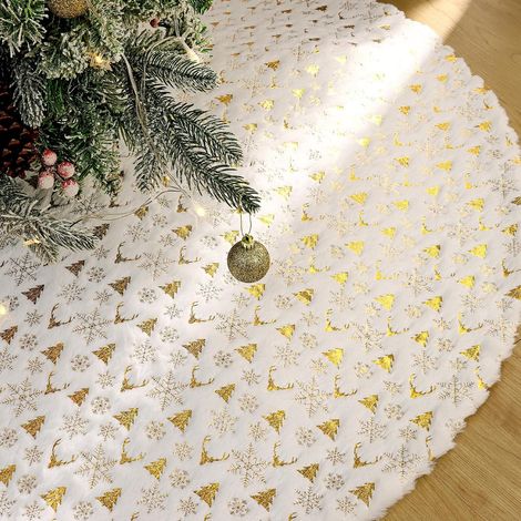 Weißer Plüsch-Weihnachtsbaumrock, 90 cm, mit goldenem Schneeflockenmuster, zur Dekoration von Weihnachtsbäumen, Neujahr (gold, 90 cm)