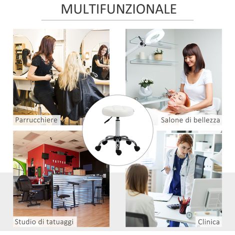 Tabouret pivotant rond blanc, revêtement similicuir, hauteur ajustable, roulettes intégrées (1/5)