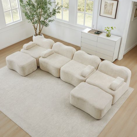 Modulares Sofa 4-Sitzer U-Form aus Samt Beige, rahmenlos mit 2 Ottomane, flexible Wohnlandschaft