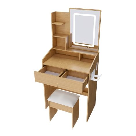 Coiffeuse LED 60cm compacte avec tabouret prise support sèche-cheveux