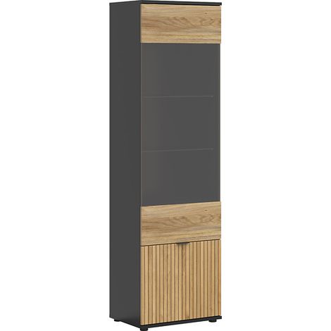 Vitrine haute à 2 portes et décor lamelles,coloris Chêne/Noir - Longueur 57 x Profondeur 39,5 x Hauteur 196 cm (1/5)