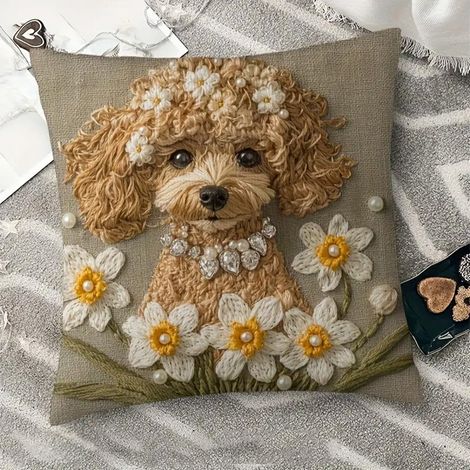 Housse De Coussin - 45 X 45 Cm - Motif Chien Brodé Et Fleur - Tissu Velours Court - Pour Canapé Chambre Salon - 1 Pièce (1/5)