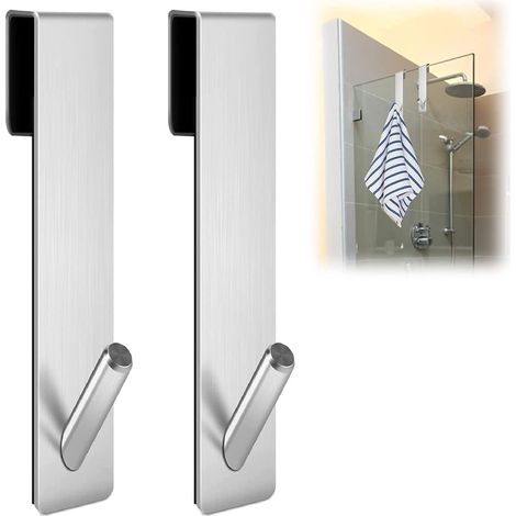 2 Stück Haken Duschwand, Edelstahl Duschhaken ohne Bohren, Türhaken für rahmenlose Glasduschtüren im Badezimmer (17,8 cm) - Silber (1/5)