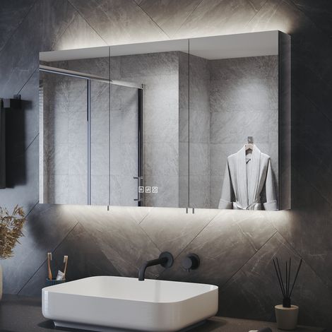 ELEGANT LED Illuminated Bathroom Mirror Cabinet Smart with Shaver Scocket Demester Pad 3 Lighting Modes Adjustable Glass Shelves 3 Door Storage 1000 x 600 x 130mm (1/5)