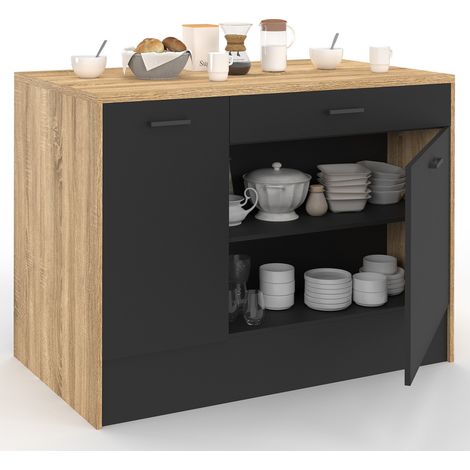 Idmarket – Îlot central 120 cm – Rangement bois et noir – 2 placards fermés et 1 tiroir – Plan de travail 70 cm – Pour cuisine moderne