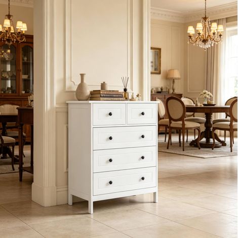Commode 74x40x91 cm en MDF blanc, avec rangement moderne pour chambre ou salon FloraGrace (1/5)