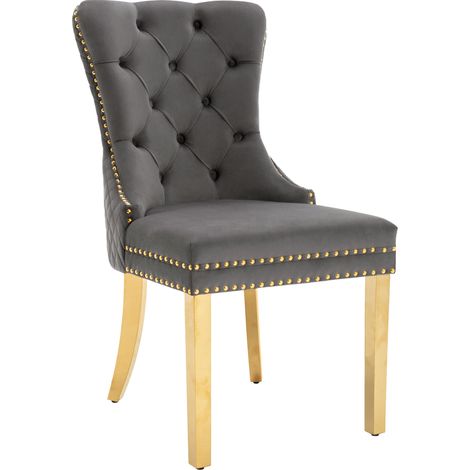 Lot de 2 chaises de salle à manger en velours gris avec anneau de dossier, clous décoratifs et pieds en acier inoxydable doré réglables CHICFURN (1/5)