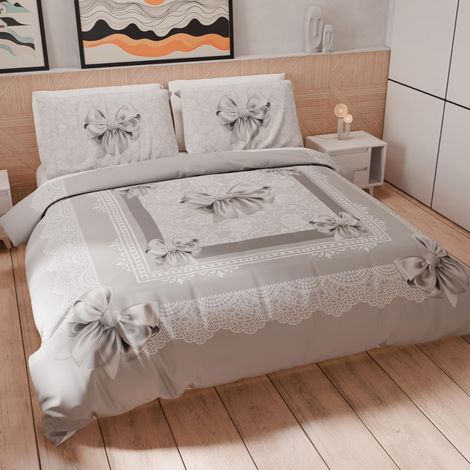 Housse de Couette 1 Place 140x200 cm 1 Taie 63x63 cm Incluse, Parure en Microfibre Imprimée Nœud Gris (1/5)