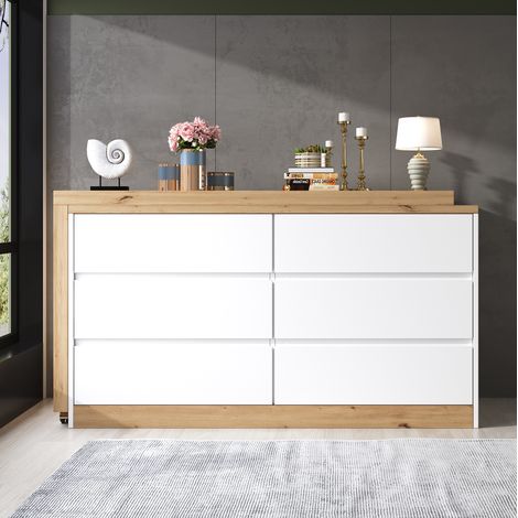 Escritorio giratorio 120x50x78 cm, 2 en 1 con 6 cajones, aglomerado, blanco y roble (1/5)
