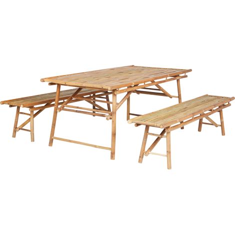 Conjunto de 2 jardín de bambú mesa y 2 bancos madera clara Tindari