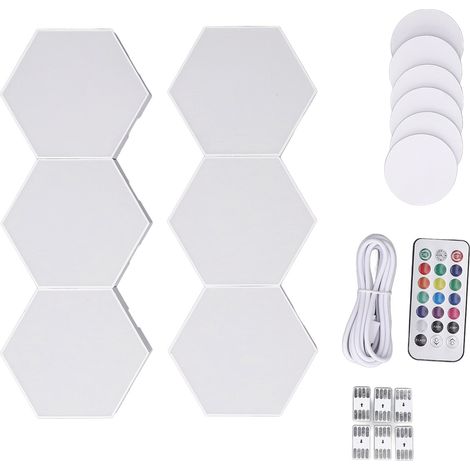 6 sets kit de lumière murale hexagonale RGB LED 13 couleurs 3 modes dynamiques télécommande alimenté USB (1/5)