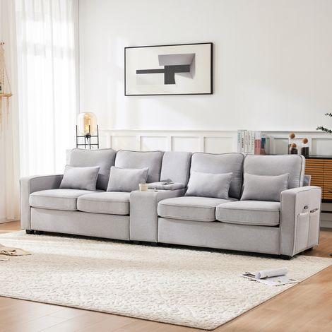Divano 4 posti in tessuto di lino grigio con console centrale, porta USB e portabicchieri, 290x83x88 cm