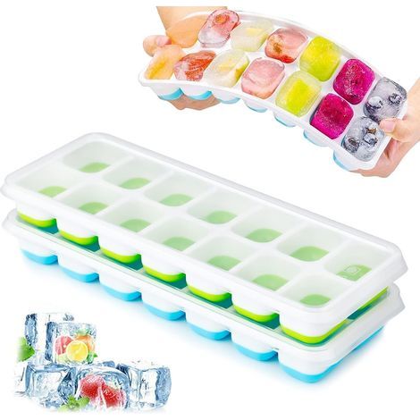 Eiswürfelformen aus Silikon mit Deckel, platzsparend, stapelbar, quadratisch, leicht zu entnehmen, 2 Stück, blau und grün (1/5)