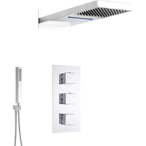 Hudson Reed – Colonne de douche encastrée thermostatique – Mitigeur en laiton chromé – Pomme de douche rectangulaire anti-calcaire – 3 fonctions cascade et pluie