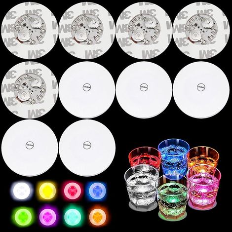 10 Pièces Dessous de Verre Lumineux 6cm Autocollants sous de Verre LED avec 7 Modes d'éclairage Dessous de Bouteille Lumineux pour fêtes, Mariages, Bars et Noël