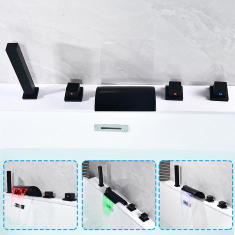 YISSALE-Moderne 5-Loch-Wannenrandarmatur LED-Wasserfall-Wannenarmatur Duschset 1/2" (1/5)