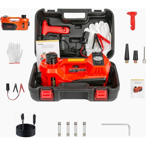 Cric hydraulique 4 en 1 pour voiture avec 5 t et portée de levage de 150 à 450 mm, kit cric électrique 12 V avec boîte à outils, pompe à pneus et LED, pour toutes les voitures et SUV (1/5)