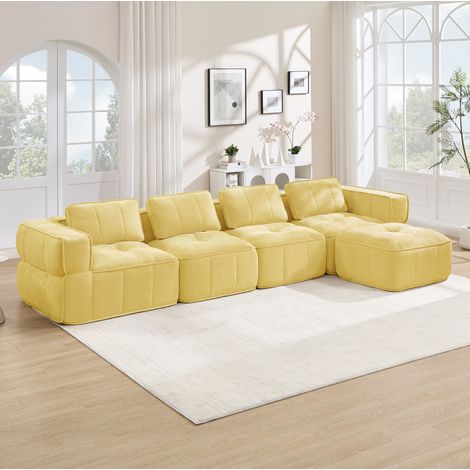 Canapé d’angle modulable 344/162 cm jaune en polyester avec pouf, 4 places (1/5)