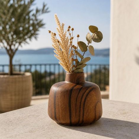 Vase - - Design effet bois - Porcelaine - Rond 12,5 cm - Brun foncé (1/3)