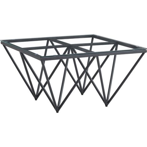 Table Basse Carrée GIZE Plateau Verre Trempé Transparent Pieds Métal Noir 80x80x45cm (1/4)