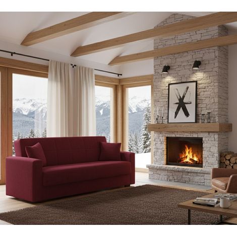 Dmora Sofá cama Pinto, Sofá cama contenedor lineal 3 plazas, Sofá de salón en tela acolchada con apertura clic-clac, Cm 212x80h87, Rojo, con embalaje reforzado (1/5)